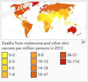 Deaths from melanoma and other skin cancers per million persons in 2012.jpg