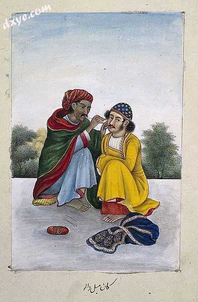 An ear-cleaner, attending to a man&#039;s ear. Gouache painting, India by Wellcome.jpg