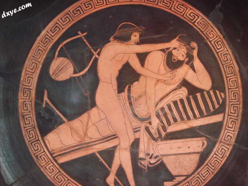 A drunk man vomiting, while a young slave is holding his forehead. Brygos Painte.jpg