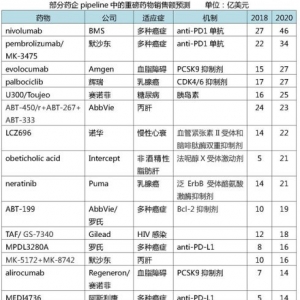 部分药企新药pipeline中重磅药物销售额top20预测